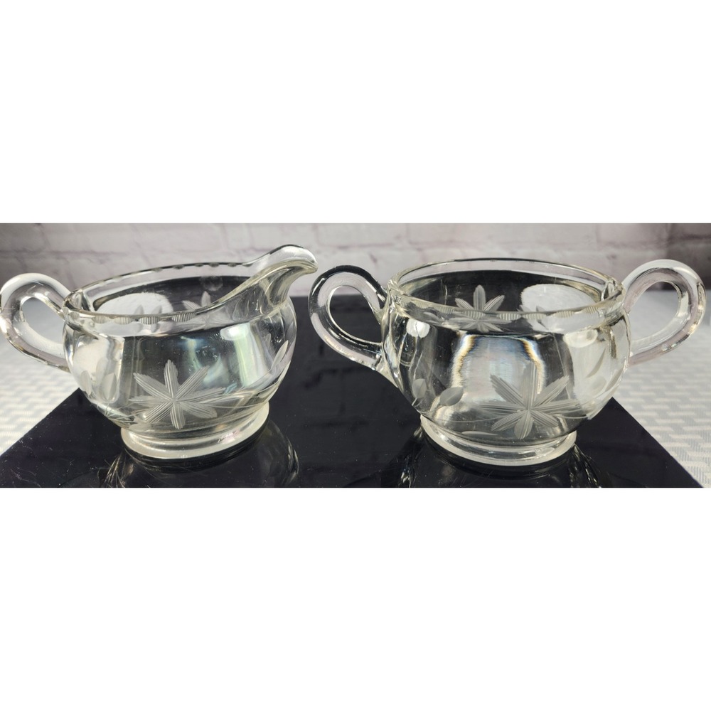 Antique‎ Early 1900's Crystal Cut Glass Etched Daisy Cream & Sugar Set